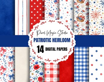 4th of July Digital Paper Americana Red White Blue, Patriotic Heirloom Seamless Paper Pattern Background Bundle, Scrapbook Papers