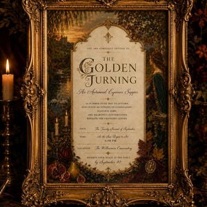 Peut inclure: Un cadre doré orné contenant une invitation intitulée The Golden Turning, An Autumnal Equinox Supper. Le texte indique les détails pour un événement le 22 septembre à 18h00 au Willowmere Conservatory, avec une date limite de réponse au 10 septembre.