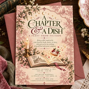 Puede incluir: Una tarjeta de invitación rectangular titulada A CHAPTER & A DISH A FEAST FROM FICTION. El diseño presenta un fondo crema con bordes florales rosas, un libro abierto, una vela encendida y una tarta. Incluye detalles para el 18 de octubre de 2025.
