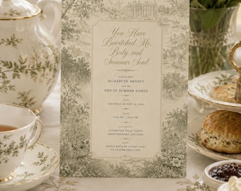 Uitnodigingssjabloon Pride and Prejudice op Canva | Bruidsdouche in Jane Austen-stijl | Theekransje in Regency-stijl | Geïnspireerd door Pemberley Bridgerton