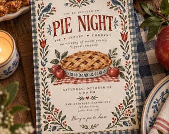 May include: A rectangular invitation card for a Pie Night event featuring a central illustration of a lattice-crust pie, red apples, and floral borders. The text reads: You're invited to Pie Night, Pie Coffee Company, Saturday, October 24, 6:00 PM.