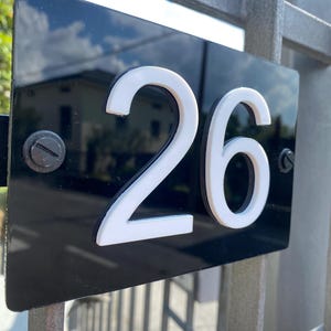 Può includere: Una targa rettangolare nera per numero civico con il numero bianco 26 in un carattere sans-serif in grassetto. La targa è fissata con due viti visibili sui lati sinistro e destro e presenta una finitura lucida che riflette l'ambiente.