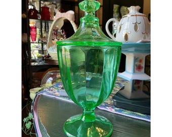 Vintage 8.5" Uranium Glass Optic Panel Apothecary Jar w/Lid