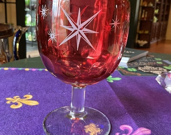 Vintage MCM Bartlett Collins Etched Atomic Starburst Red Thumbprint Glass Goblet