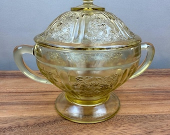 Federal Glass Cabbage Rose Amber Yellow Depression Glass Sugar Bowl with Lid