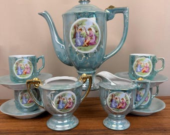 Vintage Japanese Mint Green Gold Accented Lusterware 12 pc. Demitasse Tea Set