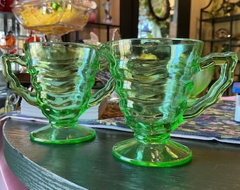 Vintage Jenkins Glass Co Uranglas-Milchkännchen & offener Zucker -Ocean Wave Muster