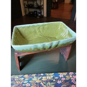 Vintage 9" MCM Green Drip Glaze Ceramic Rectangular Planter Bowl JCM 101