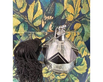 Vintage Art Deco Glass Perfume Bottle Atomizer Black Tassel Geometric Design