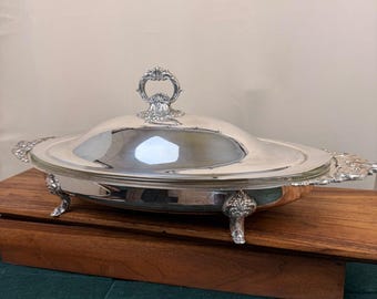 Scaldavivande ovale Wallace Silver con motivo barocco e inserto in vetro, ideale per buffet e buffet.