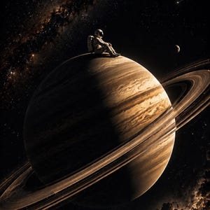 Könnte beinhalten: Ein digitales Hintergrundbild mit einer kosmischen Szene mit einem Planeten, Ringen und einem Astronauten. Die Uhrzeit ist 9:41 Uhr, Montag, 10. Juni. Der Hintergrund ist ein dunkler Weltraum mit Sternen und Nebeln. Der Astronaut sitzt auf dem Planeten.