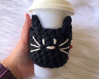Cat coffee sleeve, iced coffee sleeve. Coffee cup cozy. Black cat gift, small cat lover gift. Crazy cat lady. Drink cozy, beer cozy