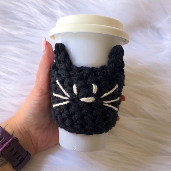 Cat coffee sleeve, iced coffee sleeve. Coffee cup cozy. Black cat gift, small cat lover gift. Crazy cat lady. Drink cozy, beer cozy