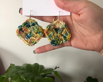 Van Gogh's Postman inspired granny square earrings. Art lover gift. Art inspired earrings, dangle jewelry. Crocheted statement earrings.