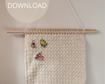 Enamel Pin Banner Crochet Pattern. Beginner crochet easy pattern, crochet wall hanging. Wall hanging enamel pin display crochet tutorial.