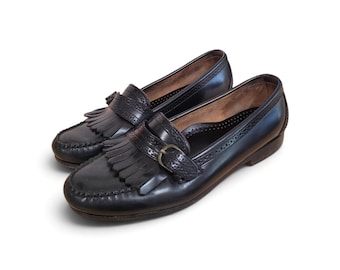 Cole Haan 01197 Kiltie Loafers Men's 10 D Black Leather Strap Buckle 90s Box