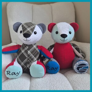 May include: Two stuffed teddy bears made from various fabric patches. The left bear features a plaid torso and a white speckled face with the name Ray embroidered on its foot. The right bear has a red textured torso and a light blue face.