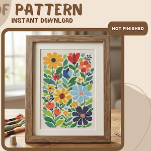May include: A cross stitch pattern featuring a vibrant floral arrangement with yellow, red, blue, and green flowers in a wooden frame. The text reads PDF PATTERN INSTANT DOWNLOAD and NOT FINISHED. The design includes various stylized blossoms and leaves.