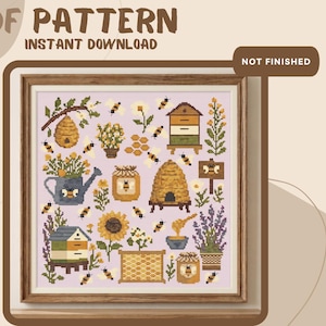May include: A cross-stitch pattern featuring various bee-themed illustrations including beehives, honey jars, sunflowers, lavender, and bees on a light purple background. The text PDF PATTERN INSTANT DOWNLOAD and NOT FINISHED are visible.