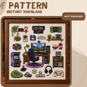 May include: A cross-stitch pattern featuring a gaming setup with a desk, chair, computer, arcade cabinet, and various gaming accessories. The design includes text reading PDF PATTERN, INSTANT DOWNLOAD, NOT FINISHED, LEVEL UP, and LOADING.