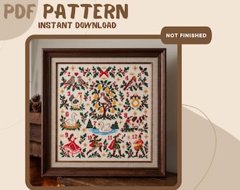 Twelve Days of Christmas Cross Stitch Pattern PDF, Christmas Sampler, Traditional Holiday Cross Stitch Digital Download