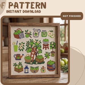 Green Apple Orchard Collection Cross Stitch Pattern PDF, Apple Sampler, Cottagecore Fruit Pattern, Orchard Digital Download