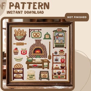 Peut inclure: Un modèle de point de croix sur le thème de la boulangerie avec un four en brique, du pain, des pâtisseries, un sac de farine et des étagères. Le texte indique PDF PATTERN, INSTANT DOWNLOAD et NOT FINISHED. Le motif inclut divers produits.
