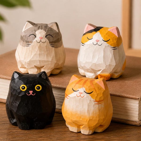 Hand Carved Wooden Cat Figurine, Cute Kitten Decor, Desk Ornament, Cottagecore Shelf Decor, Cat Lover Gift, Mini Wood Statue