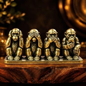May include: A brass-colored figurine featuring four monkeys sitting in a row on a rectangular base. The first monkey covers its ears, the second covers its eyes, the third covers its mouth, and the fourth monkey holds a smartphone.