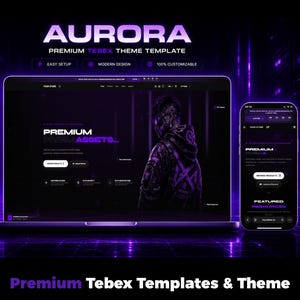 Puede incluir: Una visualización digital de la plantilla de tema Tebex premium Aurora mostrada en una computadora portátil y un teléfono inteligente. La interfaz presenta un esquema de color oscuro con acentos morados, mostrando texto como Premium FiveM Assets.