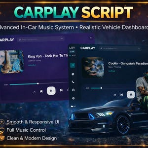 May include: A digital interface for a car's music system, displaying the text "CARPLAY SCRIPT". The interface shows a music player with song information and playback controls. A black car is in the background, with a person sitting on the hood.
