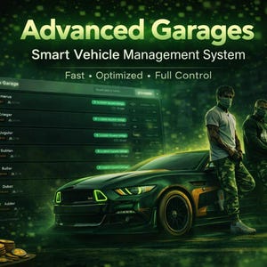 Peut inclure: Publicité pour "Advanced Garages" avec le texte "Smart Vehicle Management System". Une voiture de sport verte et noire est garée devant une interface numérique. Deux personnes en pantalon camouflage et masques se tiennent près de la voiture. Des pièces d'or et de l'argent sont au premier plan.