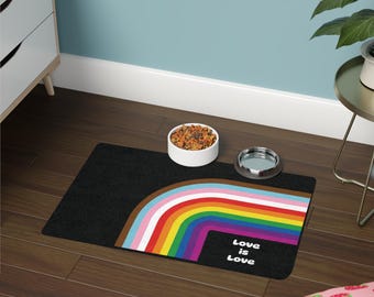 Retro Pride Rainbow Love is Love Black Pet Food Mat | Pet Placemat 12x18