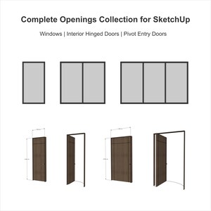 May include: A digital collection titled Complete Openings Collection for SketchUp featuring windows, interior hinged doors, and pivot entry doors. The graphic displays various door configurations with dimensions of 1.00 m by 2.80 m clearly labeled.