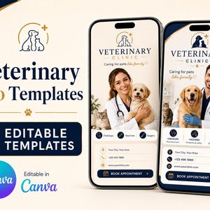 Puede incluir: Dos teléfonos inteligentes que muestran plantillas de biografía veterinaria con un logotipo de perro y gato, el texto Veterinary Clinic, Caring for pets like family y datos de contacto. Las pantallas muestran fotos de personal veterinario con mascotas.