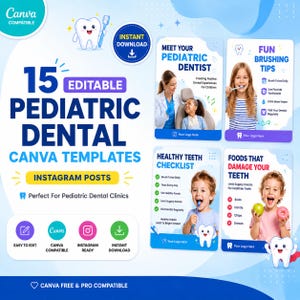 以下が含まれることがあります： Canva用の小児歯科向けInstagram投稿テンプレート15点セット。青と白を基調としたデザインで、歯のキャラクターが描かれています。子供の写真や歯磨きのヒント、チェックリストを含む4つのレイアウト例が表示されています。