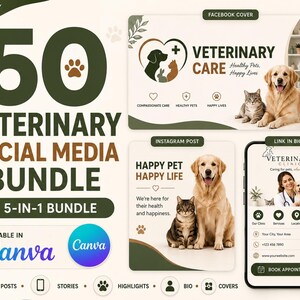 Veterinary Social Media Templates Bundle | 50 Editable Canva Templates for Vet Clinics