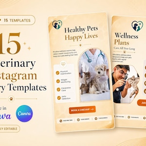 Pode incluir: Um conjunto de 15 modelos de histórias do Instagram para veterinários com um esquema de cores bege e dourado. Os modelos incluem texto como 15 Veterinary Instagram Story Templates, Healthy Pets Happy Lives e Wellness Plans, com espaços reservados para imagens de animais de estimação e equipe médica.
