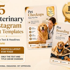 Pode incluir: Um conjunto de 15 modelos editáveis de posts para Instagram para serviços veterinários, com detalhes dourados e texto incluindo Pet Checkups e Pet Boarding. Os designs mostram um veterinário com um cão e um cão com um gato numa cama.