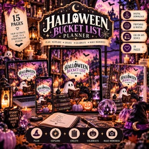 Könnte beinhalten: Ein Halloween Bucket List Planer als digitales Produkt auf Tablet, Smartphone, Laptop und Notizbuch. Die Grafiken zeigen ein Gespenst mit Hexenhut, eine schwarze Katze, Kürbisse und ein Schloss. Der Text lautet Halloween Bucket List Planner.