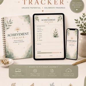May include: An achievement tracker planner set featuring a spiral-bound notebook, a tablet, and a smartphone displaying the title Achievement Tracker, Unlock Potential + Celebrate Progress. The design includes sage green watercolor accents and botanical illustrations.