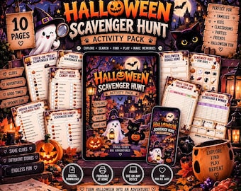 May include: A Halloween scavenger hunt activity pack featuring 10 pages of printable games, including riddle hunts, candy hunts, and scorecards. The set includes a tablet and smartphone displaying the digital version, surrounded by pumpkins and ghosts.