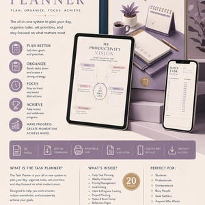 May include: A digital task planner system featuring a tablet and smartphone displaying productivity templates, alongside a printed planner cover. The layout includes text headers like TASK PLANNER, MY PRODUCTIVITY VISION, and DAILY TASK PLAN, with icons for planning, organizing, focusing, and achieving goals in a purple and white color scheme.