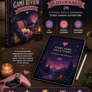 May include: A dark purple journal titled COZY GAME REVIEW JOURNAL featuring a cat on a chair, a tablet displaying the text EVERY GAME HAS A STORY, a pink game controller, a candle, and a stylus, with text detailing 15 pages and planner options.