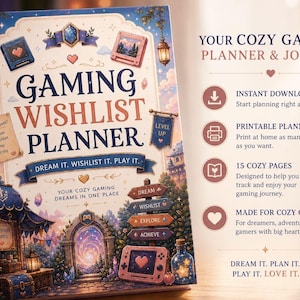 Op de afbeelding: Een Gaming Wishlist Planner & Journal met een fantasiethema. De cover toont de titel in grote letters, met decoratieve elementen zoals lantaarns, harten en game-gerelateerde iconen. De tekst luidt "Dream it. Wishlist it. Play it."