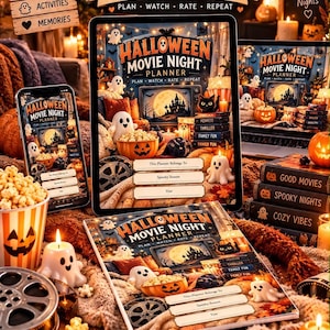 Puede incluir: Un kit de planificación y actividades para una noche de cine de Halloween que incluye una tableta, un teléfono inteligente y un folleto impreso. La portada muestra una casa embrujada, fantasmas, calabazas y palomitas con el texto Halloween Movie Night Planner.
