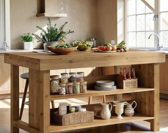 Kitchen Island with Storage Solid Wood Farmhouse Table