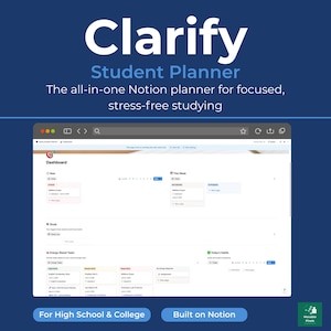 Puede incluir: Una plantilla de planificador estudiantil digital para Notion titulada Clarify Student Planner. La interfaz muestra un panel con secciones para tareas, registros de estudio, tareas basadas en energía y hábitos diarios.