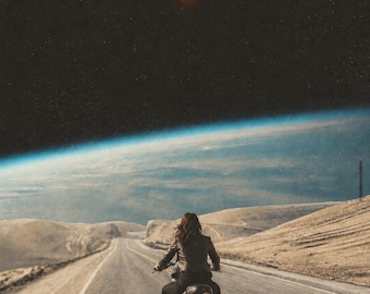 Retrofuturism Sci-Fi Art Print, Cosmic Motorcycle Desert Highway Poster, Vintage Space Horizon Wall Art, Surreal Collage Print, Biker Gift