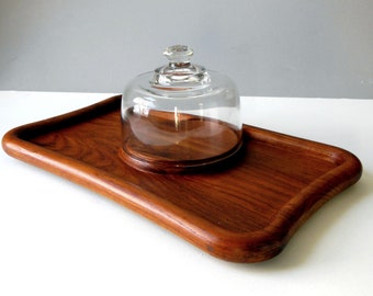 70s GOODWOOD LARGE Teak TRAY Rolled Edge Bow Tie Shape Serving 18 x 10 Wood Board 6 in Glass  Dome Cheese Cover Vintage Modern Mid Cent Ex C